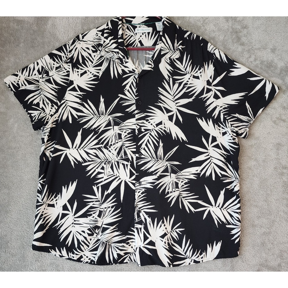 Cubavera Shirt Mens XXL Black White‎ Tropical Palm Leaf Viscose Short Sleeve